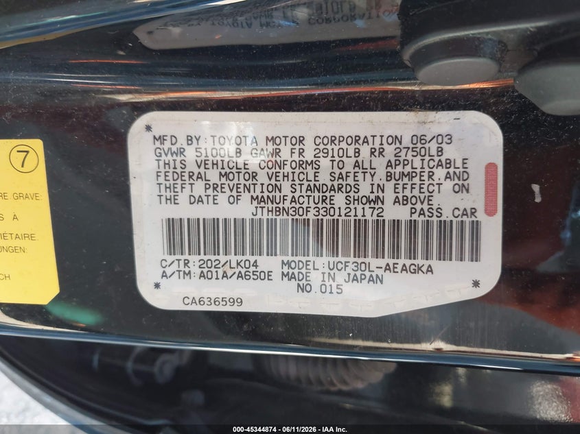2003 Lexus Ls 430 VIN JTHBN30F330121172 IAAI salvage auction — FRONT END, Clear (Tennessee), sold $1,850 on 2026-07-09 (photo 9)