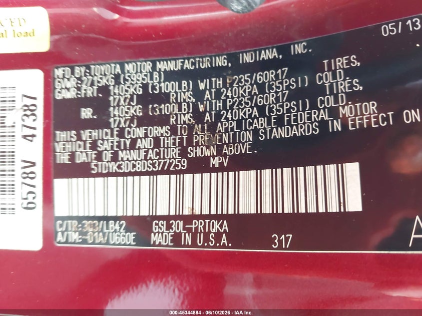 2013 Toyota Sienna VIN 5TDYK3DC8DS377259 IAAI salvage auction — WATER/FLOOD, Rebuildable (Florida), sold $2,000 on 2026-07-23 (photo 9)