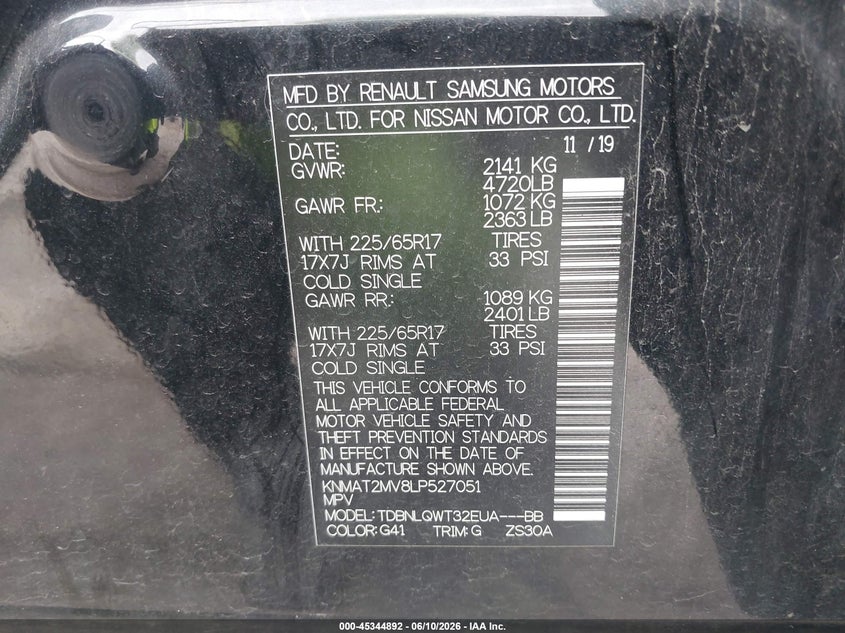 2020 Nissan Rogue VIN KNMAT2MV8LP527051 IAAI salvage auction — RIGHT REAR, Clear (Michigan), sold $2,450 on 2026-07-16 (photo 9)
