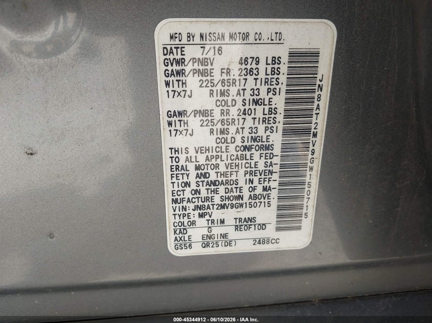 2016 Nissan Rogue VIN JN8AT2MV9GW150715 IAAI salvage auction — RIGHT REAR, Salvage (North Carolina), sold $650 on 2026-07-21 (photo 9)