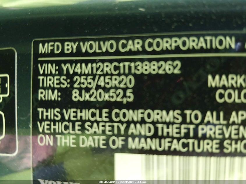 2026 Volvo Xc60 VIN YV4M12RC1T1388262 IAAI salvage auction — FRONT END, Salvage Title, sold $5,800 on 2026-08-12 (photo 9)