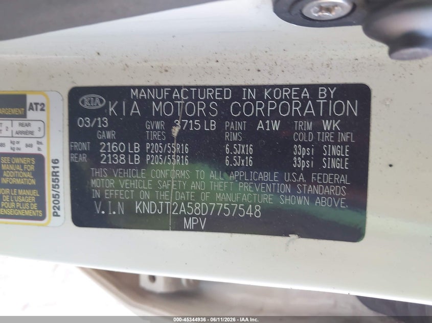 2013 Kia Soul VIN KNDJT2A58D7757548 IAAI salvage auction — NORMAL WEAR, Clear-Dealer Only (Arizona), sold $400 on 2026-07-28 (photo 9)