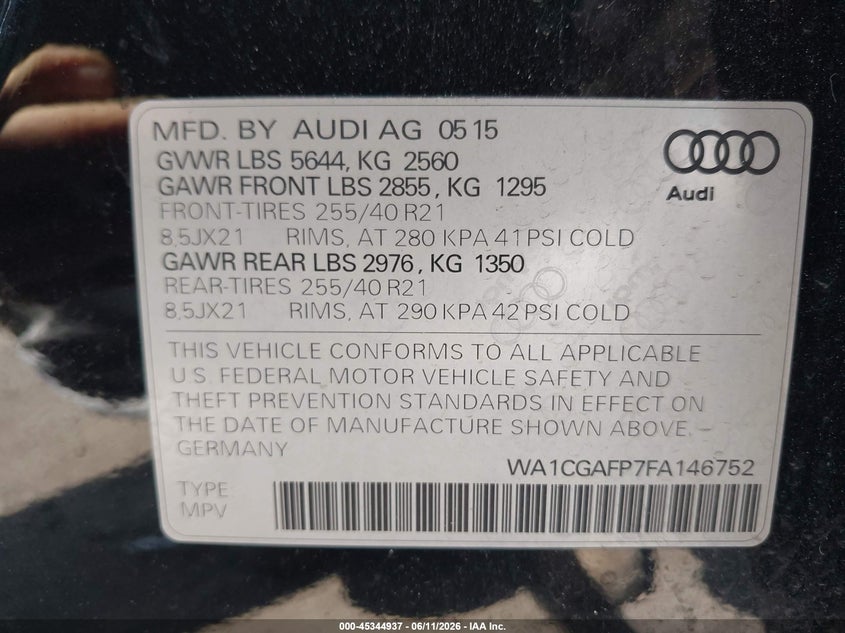 2015 Audi Sq5 VIN WA1CGAFP7FA146752 IAAI salvage auction — FRONT END, Clear (Massachusetts), sold $1,125 on 2026-07-14 (photo 9)