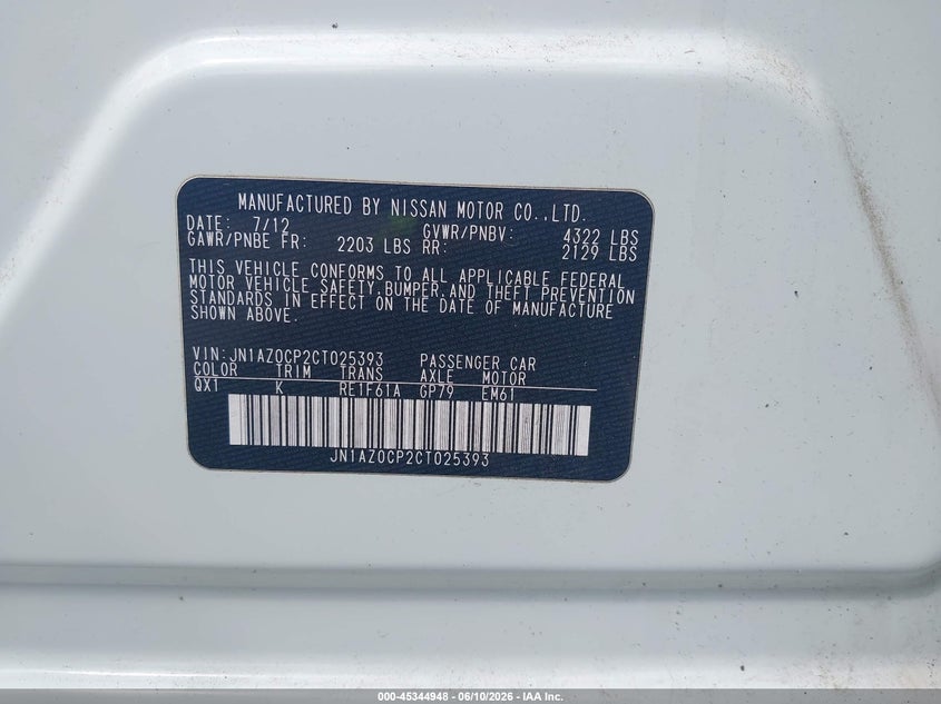 2012 Nissan Leaf VIN JN1AZ0CP2CT025393 IAAI salvage auction — NORMAL WEAR, Salvage Title, sold $975 on 2026-07-15 (photo 9)