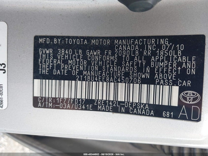 2010 Toyota Corolla VIN 2T1BU4EE8AC450706 IAAI salvage auction — RIGHT FRONT, Salvage - Greater Than 75% (Maryland), sold $1,650 on 2026-07-27 (photo 9)