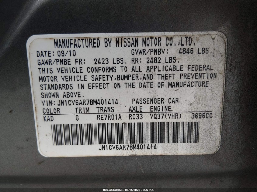 2011 Infiniti G37 VIN JN1CV6AR7BM401414 IAAI salvage auction — NORMAL WEAR, Reconstructed (Louisiana), sold $450 on 2026-07-13 (photo 9)