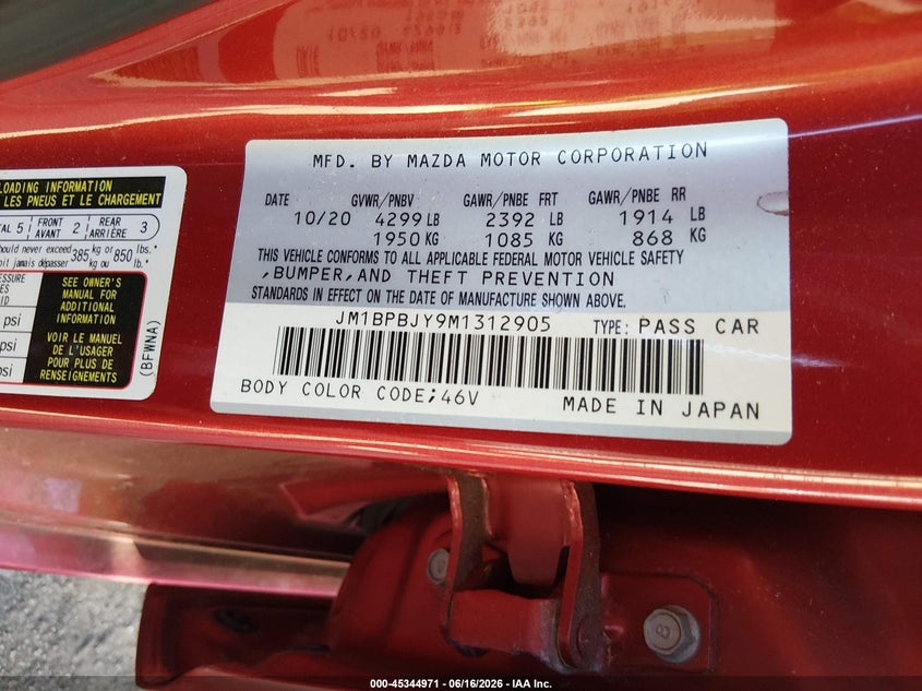 2021 Mazda 3 VIN JM1BPBJY9M1312905 IAAI salvage auction — SIDE, Salvage (Massachusetts), sold $1,250 on 2026-07-28 (photo 9)