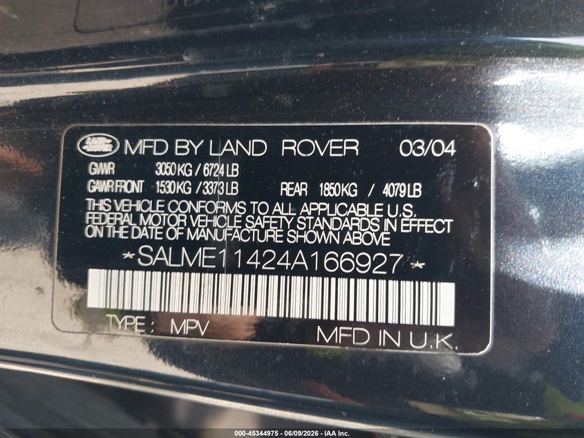 2004 Land rover RANGE ROVER VIN SALME11424A166927 IAAI salvage auction — NORMAL WEAR, Clear (Maryland), sold $375 on 2026-07-16 (photo 9)