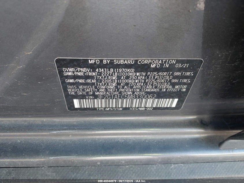 2021 Subaru Xv VIN JF2GTAEC5M8330062 IAAI salvage auction — FRONT END, Salvage (Idaho), sold $2,750 on 2026-07-29 (photo 9)