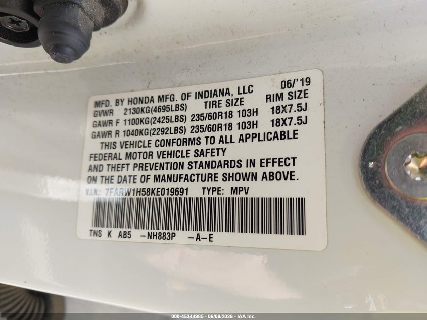 2019 Honda Cr-v VIN 7FARW1H58KE019691 IAAI salvage auction — SIDE, Salvage (Virginia), sold $5,400 on 2026-07-30 (photo 9)