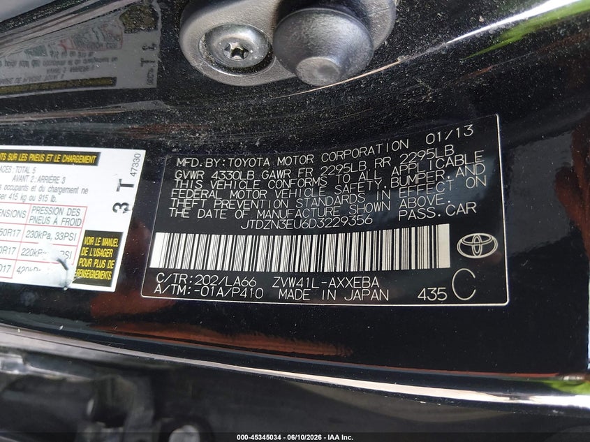 2013 Toyota Prius v VIN JTDZN3EU6D3229356 IAAI salvage auction — FRONT & REAR, Salvage (Indiana), sold $1,700 on 2026-07-11 (photo 9)