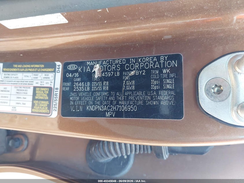 2017 Kia Sportage VIN KNDPN3AC2H7106950 IAAI salvage auction — HAIL, Clear (Missouri), sold $1,375 on 2026-07-06 (photo 9)