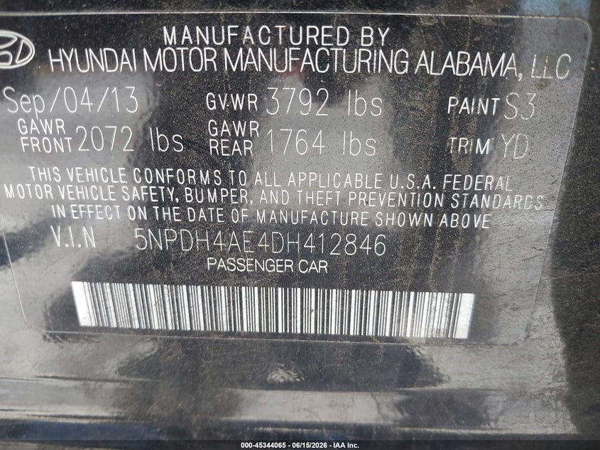 2013 Hyundai Elantra VIN 5NPDH4AE4DH412846 IAAI salvage auction — THEFT, Salvage (California), sold $825 on 2026-07-09 (photo 9)