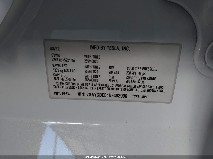 2022 Tesla Model y VIN 7SAYGDEE4NF402996 IAAI salvage auction — LEFT SIDE, Salvage (California), sold $8,100 on 2026-07-23 (photo 9)