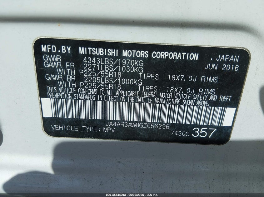 2016 Mitsubishi VIN JA4AR3AW8GZ056296 IAAI salvage auction — NORMAL WEAR, Clear (Massachusetts), sold $1,550 on 2026-07-24 (photo 9)