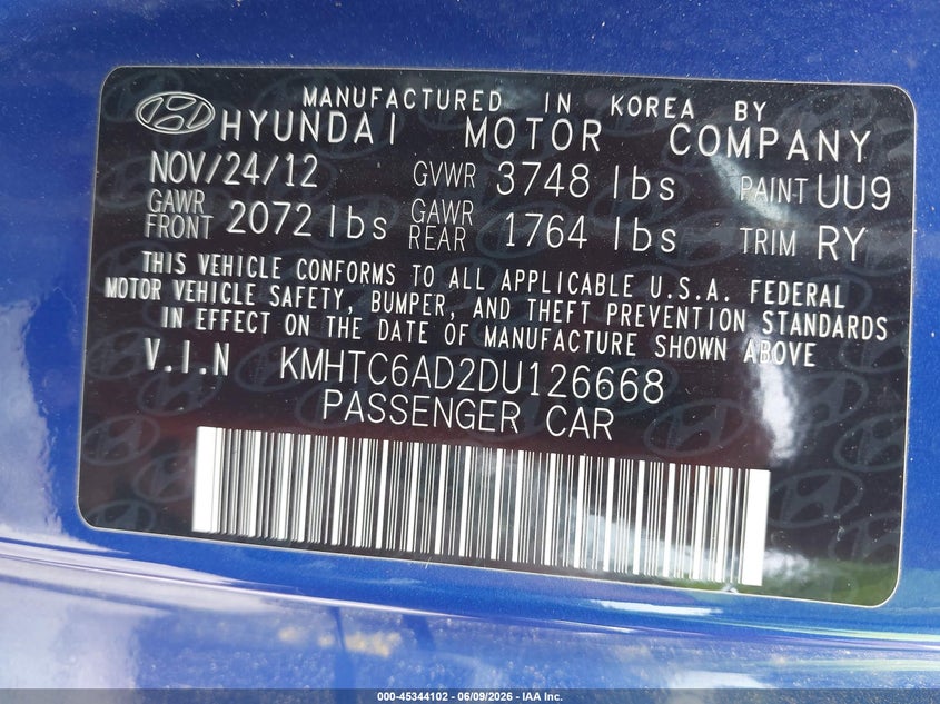 2013 Hyundai Veloster VIN KMHTC6AD2DU126668 IAAI salvage auction — NORMAL WEAR, Clear (Tennessee), sold $575 on 2026-07-23 (photo 9)