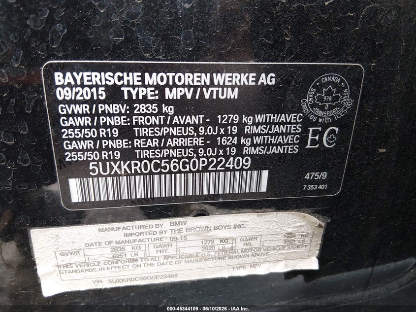 2016 BMW X5 VIN 5UXKR0C56G0P22409 IAAI salvage auction — FRONT END, Salvage Title, sold $5,600 on 2026-07-15 (photo 9)