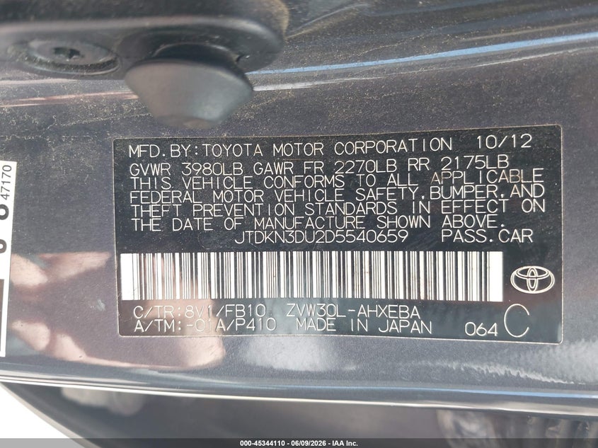2013 Toyota Prius VIN JTDKN3DU2D5540659 IAAI salvage auction — NORMAL WEAR, Salvage Title, sold $425 on 2026-07-28 (photo 9)