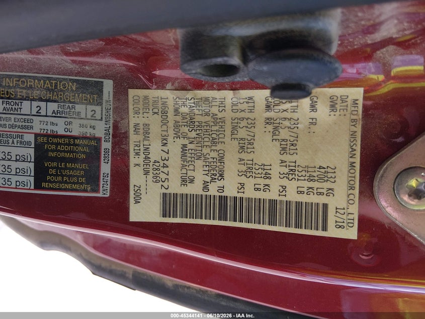 2019 Nissan Frontier VIN 1N6BD0CT3KN734752 IAAI salvage auction — NORMAL WEAR, Clear (Texas), sold $5,300 on 2026-07-09 (photo 9)