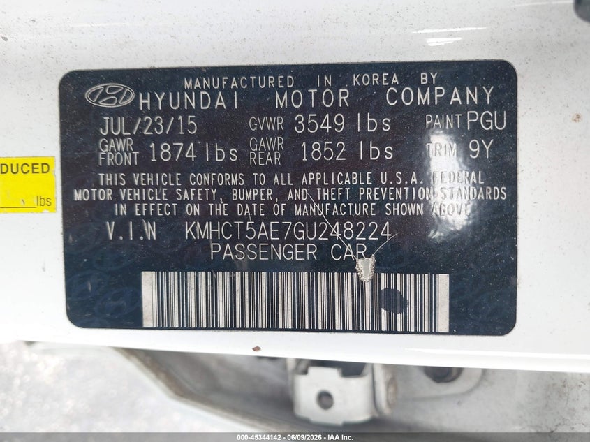 2016 Hyundai Accent VIN KMHCT5AE7GU248224 IAAI salvage auction — FRONT END, Rebuildable (Florida), sold $650 on 2026-07-23 (photo 9)