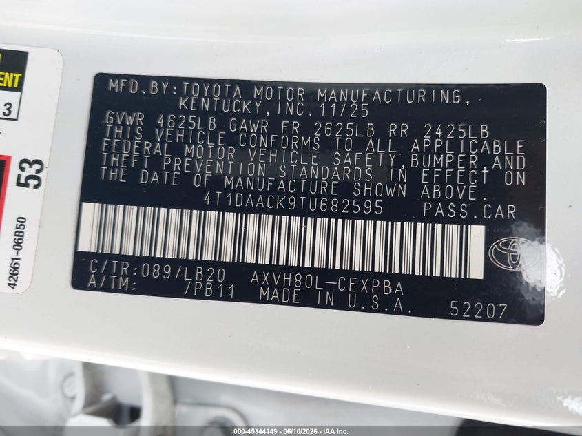 2026 Toyota Camry VIN 4T1DAACK9TU682595 IAAI salvage auction — ROLLOVER, Salvage Title, sold $5,400 on 2026-08-01 (photo 9)