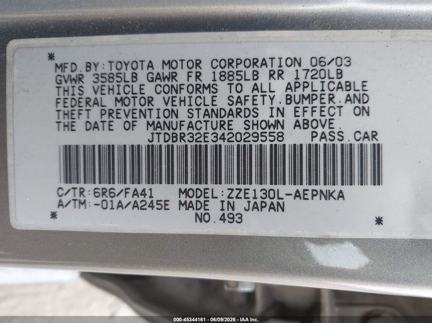 2004 Toyota Corolla VIN JTDBR32E342029558 IAAI salvage auction — NORMAL WEAR, Clear (Pennsylvania), sold $900 on 2026-07-08 (photo 9)