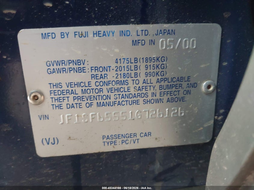 2001 Subaru Forester VIN JF1SF65551G726126 IAAI salvage auction — LEFT SIDE, Clear (Alabama), sold $225 on 2026-07-07 (photo 9)