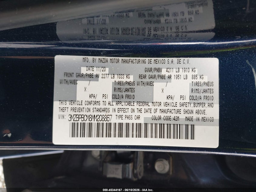 2021 Mazda 3 VIN 3MZBPBCM8MM208867 IAAI salvage auction — FRONT END, Bill Of Sale (Washington), sold $1,150 on 2026-07-29 (photo 9)