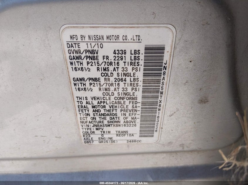 2011 Nissan Rogue sport VIN JN8AS5MTXBW163226 IAAI salvage auction — NORMAL WEAR, Clear (Tennessee), sold $225 on 2026-07-09 (photo 9)