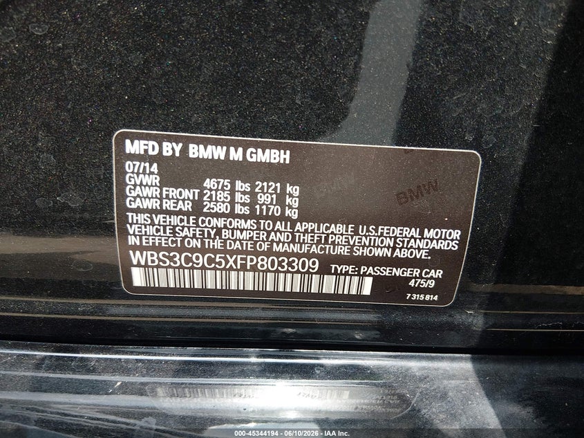2015 BMW M3 VIN WBS3C9C5XFP803309 IAAI salvage auction — FRONT END, Salvage (Ohio), sold $15,400 on 2026-07-08 (photo 9)