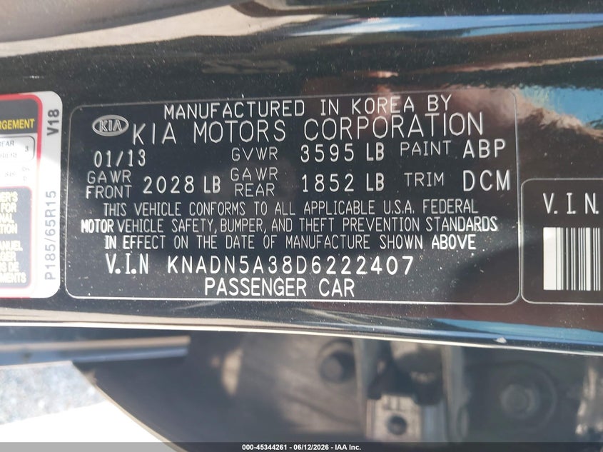 2013 Kia Rio VIN KNADN5A38D6222407 IAAI salvage auction — REAR END, Original (Texas), sold $925 on 2026-07-07 (photo 9)