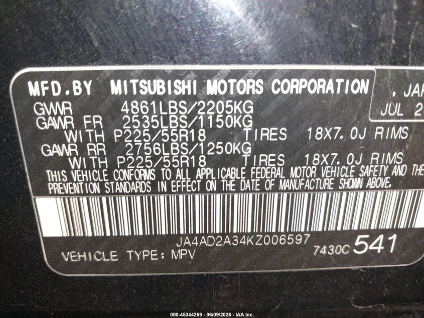 2019 Mitsubishi Outlander VIN JA4AD2A34KZ006597 IAAI salvage auction — REAR END, Salvage (Arizona), sold $2,250 on 2026-07-21 (photo 9)