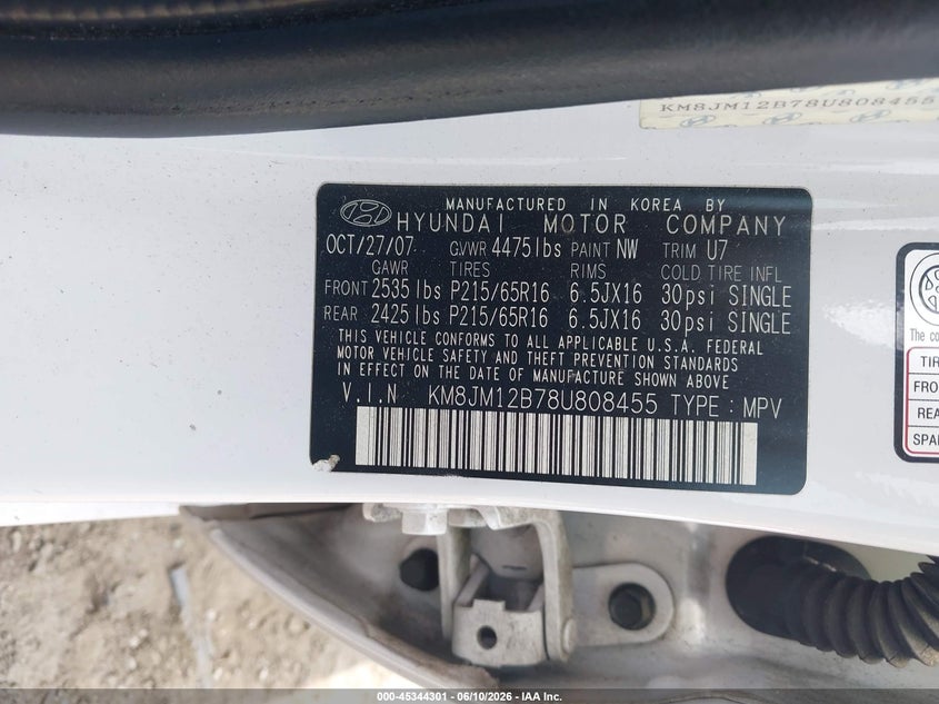 2008 Hyundai Tucson VIN KM8JM12B78U808455 IAAI salvage auction — BIOHAZARD/CHEMICAL, Salvage (Georgia), sold $650 on 2026-07-11 (photo 9)