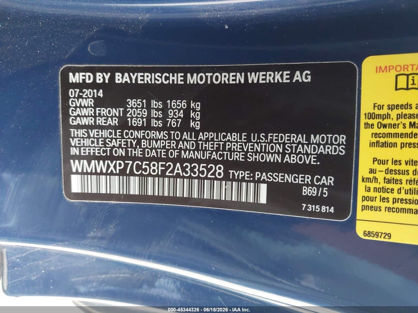 2015 Mini Cooper VIN WMWXP7C58F2A33528 IAAI salvage auction — FRONT & REAR, Original (Texas), sold $4,300 on 2026-08-11 (photo 9)