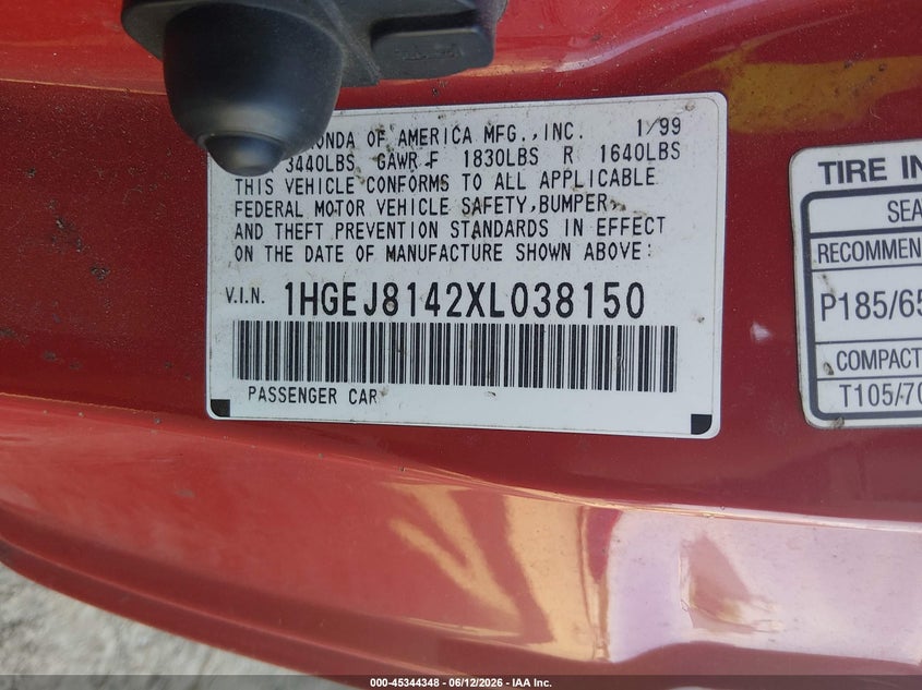 1999 Honda Civic VIN 1HGEJ8142XL038150 IAAI salvage auction — REAR END, Salvage (Tennessee), sold $50 on 2026-07-08 (photo 9)