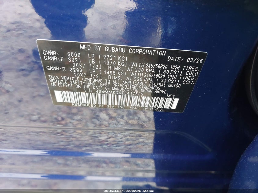 2026 Subaru Ascent VIN 4S4WMAKDXT3417533 IAAI salvage auction — HAIL, Salvage (Idaho), sold $27,750 on 2026-07-11 (photo 9)