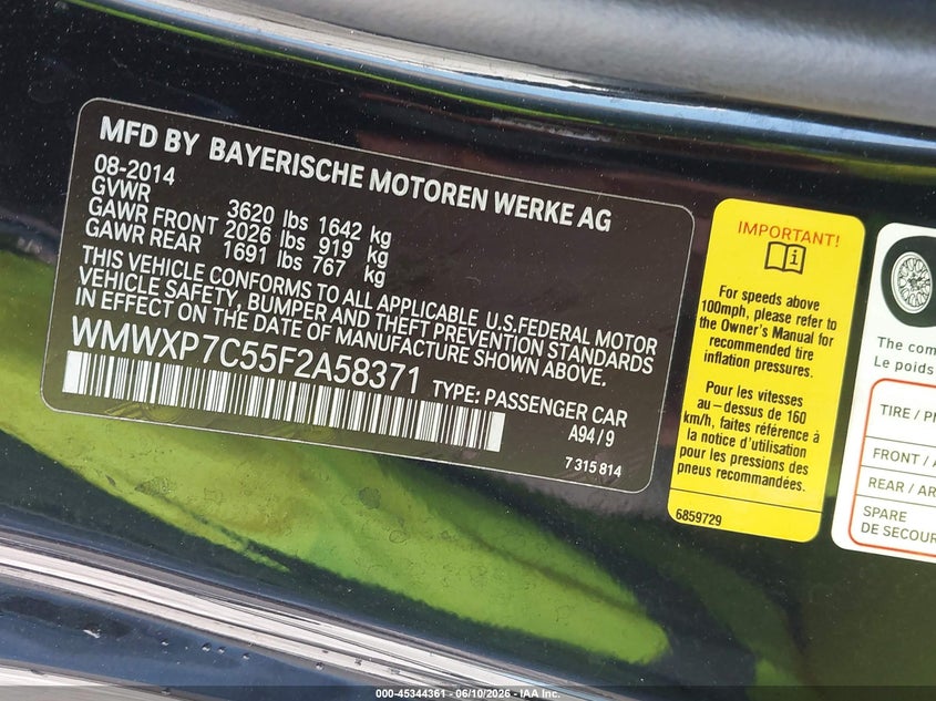 2015 Mini Hard top VIN WMWXP7C55F2A58371 IAAI salvage auction — THEFT, Rebuildable (Florida), sold $25 on 2026-08-05 (photo 9)