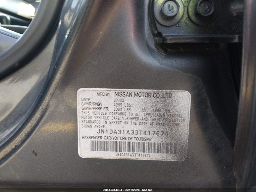 2003 Nissan Maxima VIN JN1DA31A33T417674 IAAI salvage auction — FRONT END, Repossession Paperwork (Georgia), sold $275 on 2026-07-08 (photo 9)