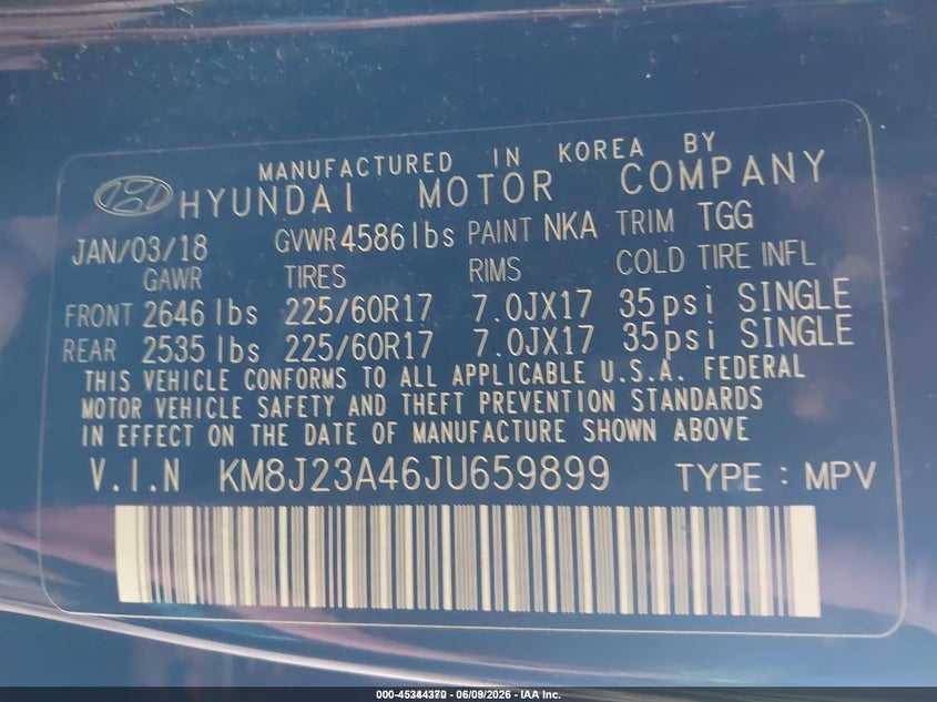 2018 Hyundai Tucson VIN KM8J23A46JU659899 IAAI salvage auction — NORMAL WEAR, Sf97 (Michigan), sold $8,100 on 2026-07-14 (photo 9)