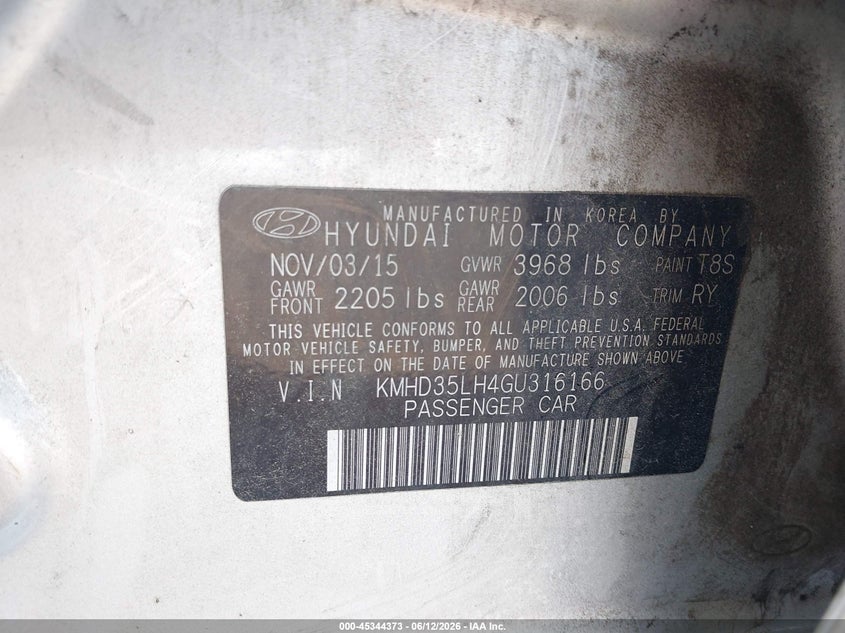 2016 Hyundai Elantra VIN KMHD35LH4GU316166 IAAI salvage auction — FRONT END, Salvage (Alabama), sold $425 on 2026-07-22 (photo 9)