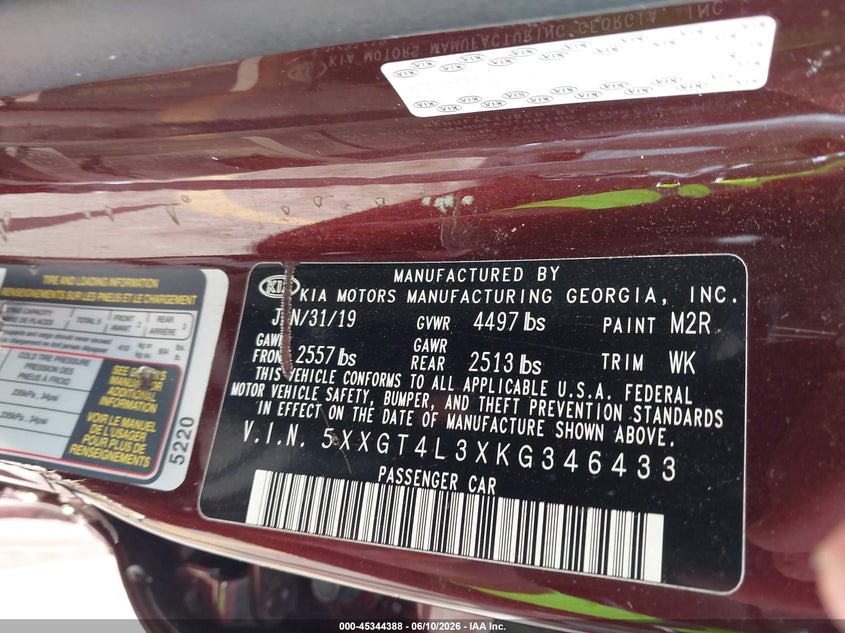 2019 Kia Optima VIN 5XXGT4L3XKG346433 IAAI salvage auction — FRONT END, Salvage Title, sold $2,200 on 2026-07-29 (photo 9)