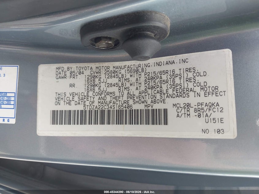 2004 Toyota Sienna VIN 5TDZA22C34S165406 IAAI salvage auction — REAR END, Salvage (North Carolina), sold $1,600 on 2026-07-08 (photo 9)