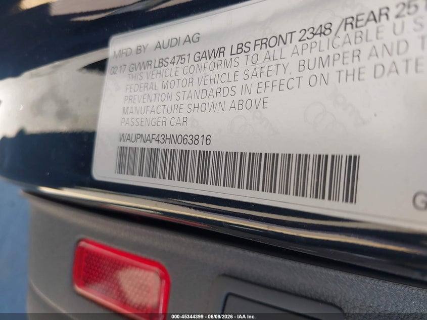 2017 Audi A4 VIN WAUPNAF43HN063816 IAAI salvage auction — NORMAL WEAR, Clear (Connecticut), sold $5,250 on 2026-07-09 (photo 9)