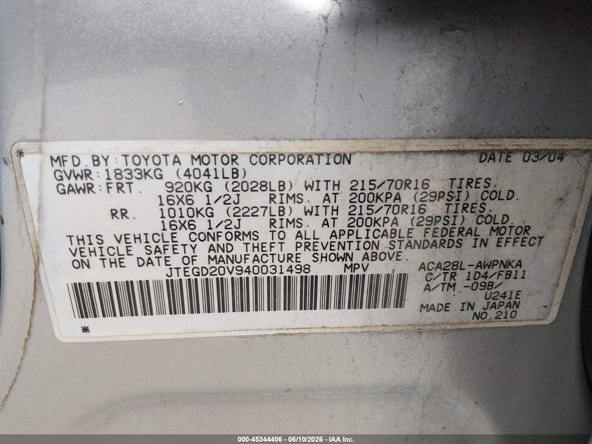 2004 Toyota Rav 4 VIN JTEGD20V940031498 IAAI salvage auction — NORMAL WEAR, Clear (Pennsylvania), sold $800 on 2026-07-09 (photo 9)
