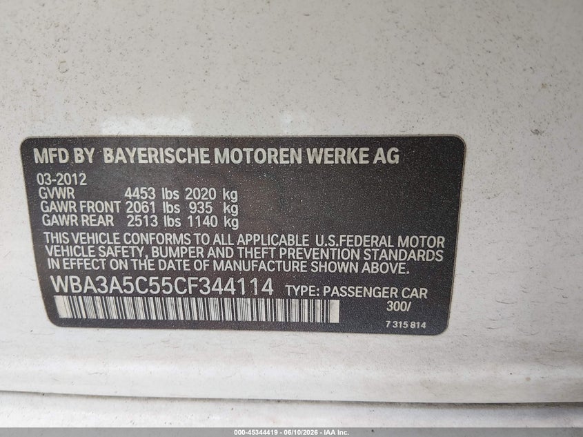 2012 BMW 3er VIN WBA3A5C55CF344114 IAAI salvage auction — UNDERCARRIAGE, Salvage (Georgia), sold $375 on 2026-07-16 (photo 9)