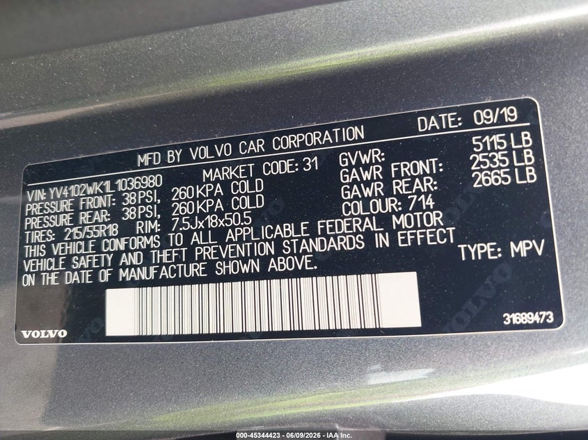 2020 Volvo V60 cross country VIN YV4102WK1L1036980 IAAI salvage auction — REAR END, Salvage (North Carolina), sold $1,500 on 2026-07-30 (photo 9)
