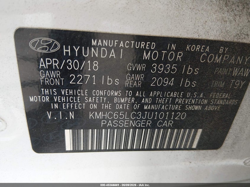 2018 Hyundai Ioniq VIN KMHC65LC3JU101120 IAAI salvage auction — FRONT END, Sf97 (Georgia), sold $7,400 on 2026-08-28 (photo 9)