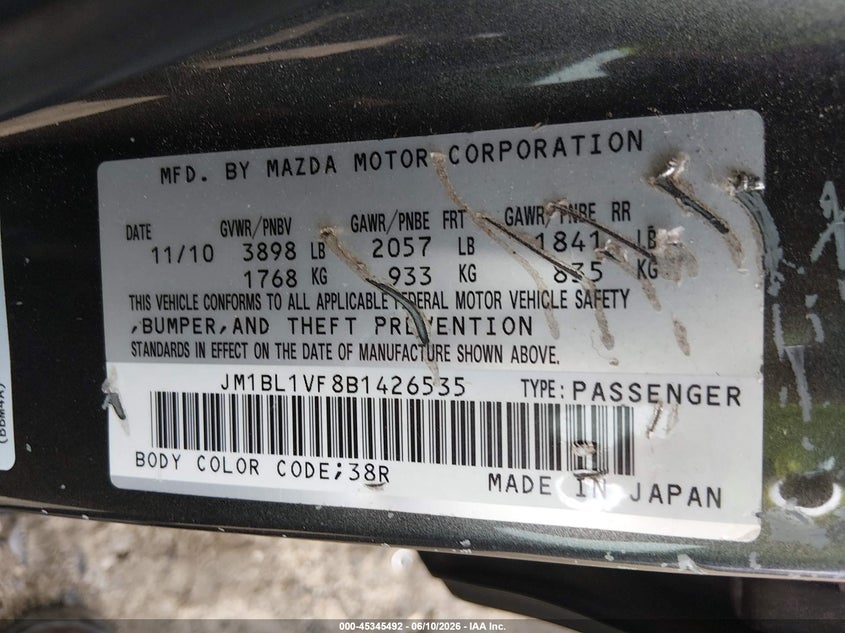 2011 Mazda 3 VIN JM1BL1VF8B1426535 IAAI salvage auction — FRONT END, Salvage (Georgia), sold $450 on 2026-07-11 (photo 9)