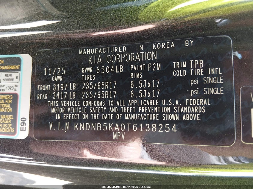 2026 Kia Carnival VIN KNDNB5KA0T6138254 IAAI salvage auction — SIDE, Salvage Title, sold $10,200 on 2026-07-29 (photo 9)
