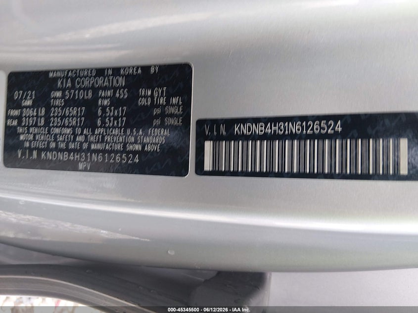 2022 Kia Carnival VIN KNDNB4H31N6126524 IAAI salvage auction — REAR END, Salvage (Arkansas), sold $7,800 on 2026-07-16 (photo 9)
